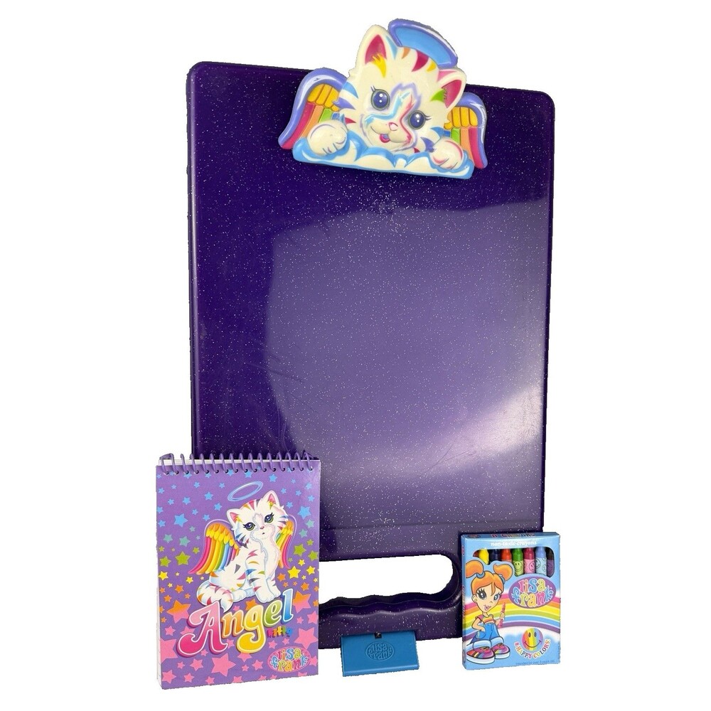 VTG Lisa Frank Angel Cat Clipboard Case & Used Notes + New Lisa Frank Crayons